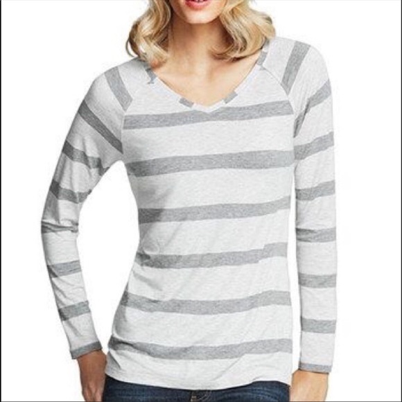 CAbi grey striped v neck tech long sleeve top - Picture 2 of 6